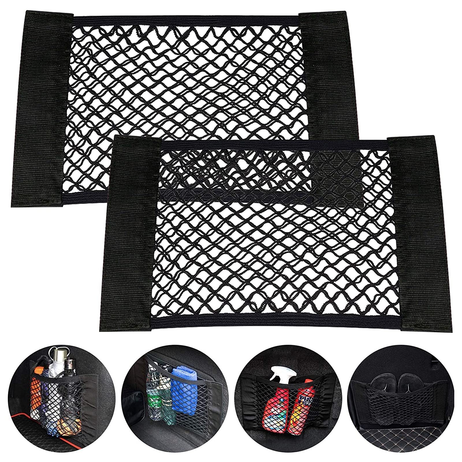Rakuten - 車載収納ポケット 2個入り 40cm×25cm メッシュポケット 伸縮性 車用 収納袋 マジックテープ式 座席収納 車内整理 黒