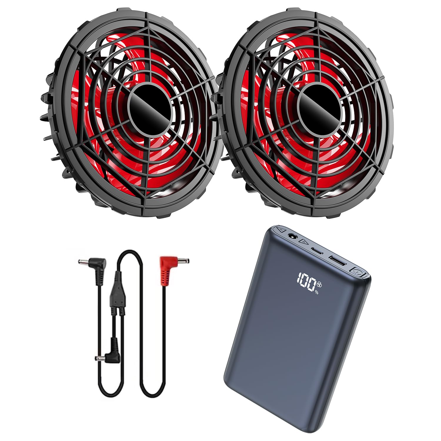 ・出力:50V ・バッテリー容量:40000mAh ・風量調節:5段階 (25V・35V・43V・50V・AUTO) ・連続稼働時間:最大約15時間 ・セット内容:空調ファン×2、接続ケーブル×1、40000mAhバッテリー×1、急速充電ACアダプター×1、日本語取扱説明書×1