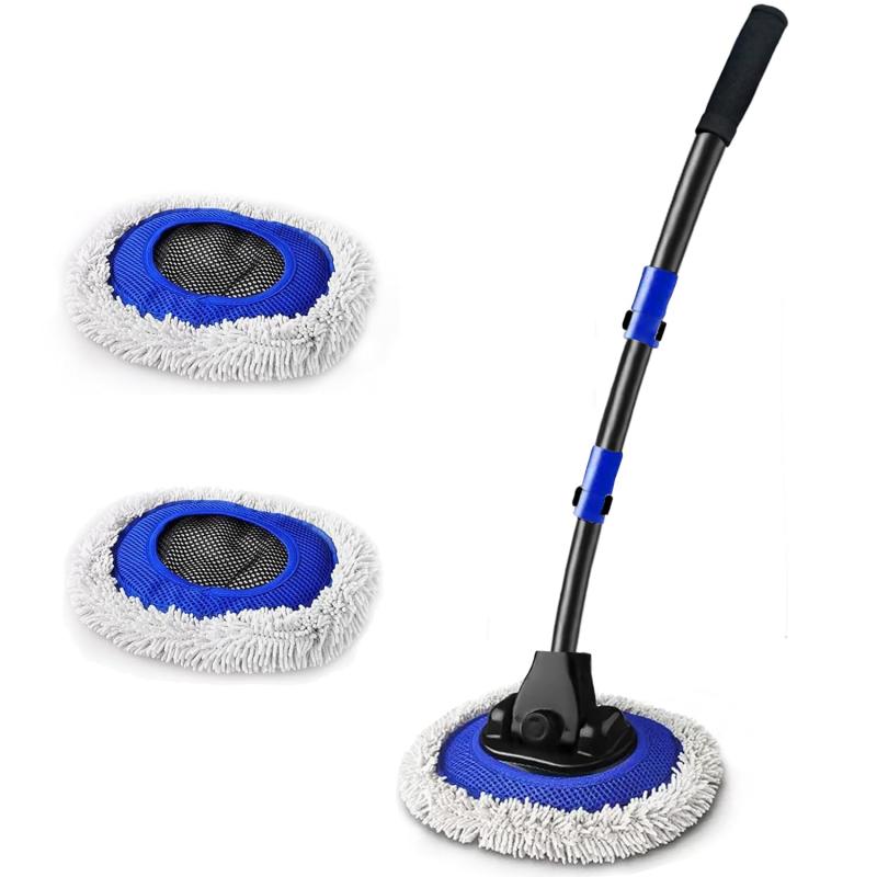 QIYQI 洗車ブラシ 15°湾曲 洗車モップ アルミ伸縮ポール 最長約110cm 洗車スポンジ 柄付き 柔らかい シェニールモップ 洗車用具 傷付けず 吸水 速乾 軽量 洗車グッズ 乾湿両用 ホコリ取り 水