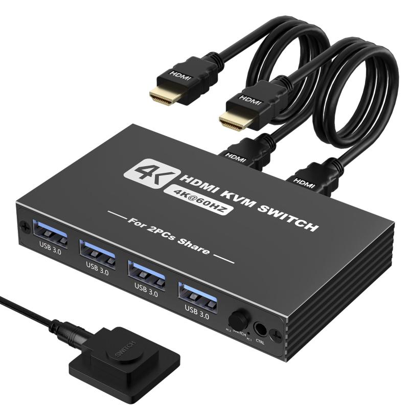USB3.0 切替器 KVMスイッチ HDMI 2入力1出力 パソコン2台モニター1台切り替え 1台のプリンターを2台のパソコンで使用 4K@60Hz 5Gbps 4 USB-A3.0ポート キーボード/マウス/プリンター/他のデバイス対応 US