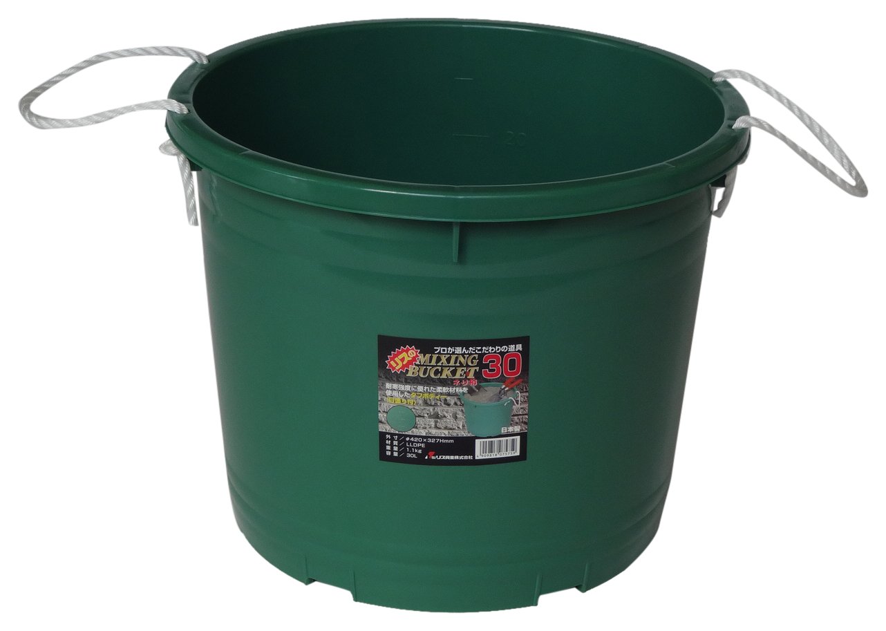 ・製造国:日本 ・サイズ:420×420×327Hmm ・容量:30L ・重量:1.1kg ・材質(本体):PE ・材質(持ち手):PP(ロープ) ・機能:耐衝撃性、目盛り付き
