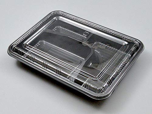 ・色:黒 ・サイズ:蓋 232×172×6mm、本体 230×170×33mm ・入数:100枚 ・材質:蓋 OPS、本体 BS ・機能:電子レンジOK、耐熱100℃、耐油 ・仕様:仕切り数 3つ、ご飯容量 約250g