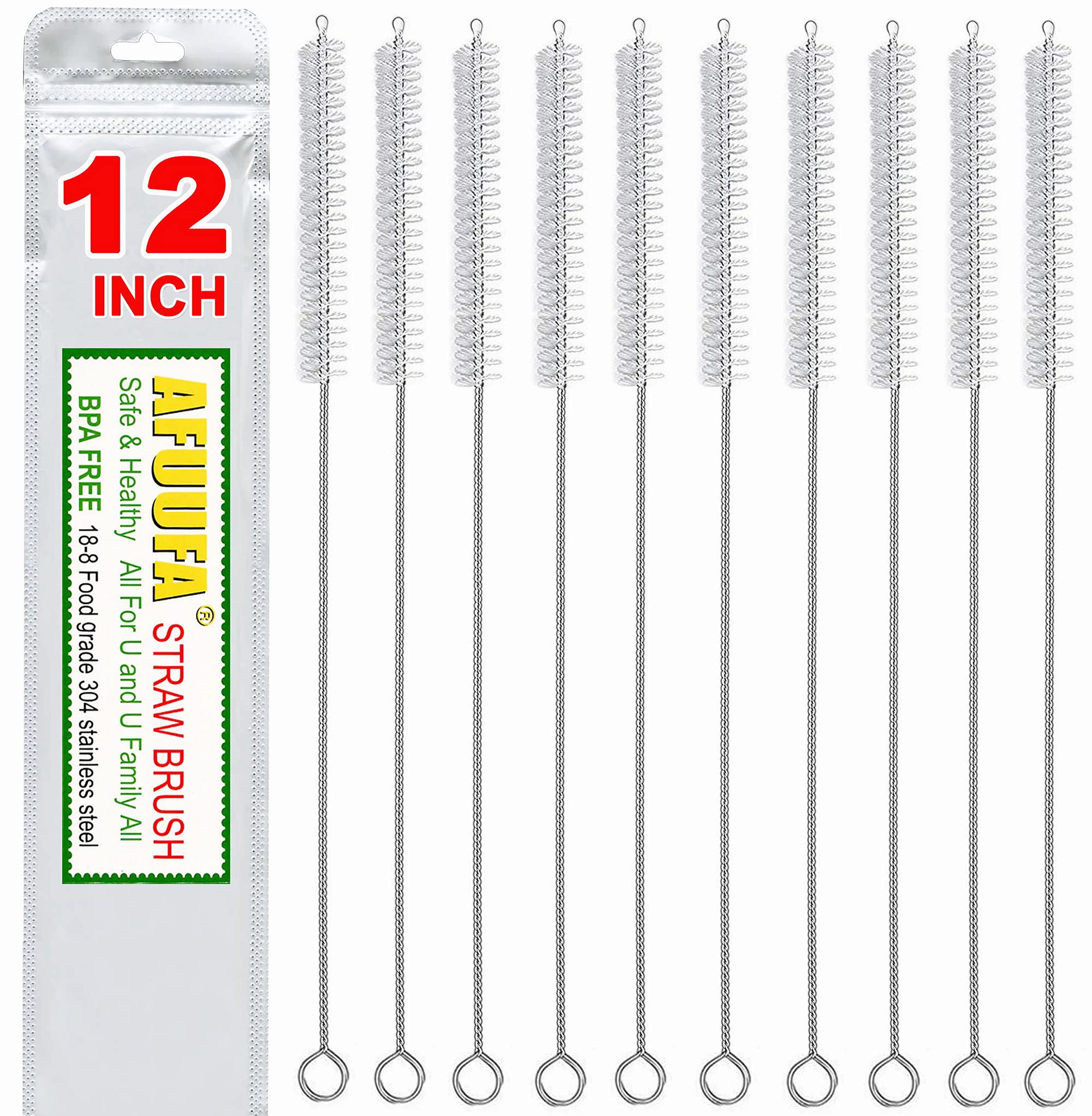 ・入数:10個 ・長さ:12インチ ・直径:12mm ・ハンドル素材:18-8食品グレード304ステンレススチール ・毛の素材:ナイロンPA6 ・仕様:BPAフリー、エンドチップコーティング加工、再利用可能