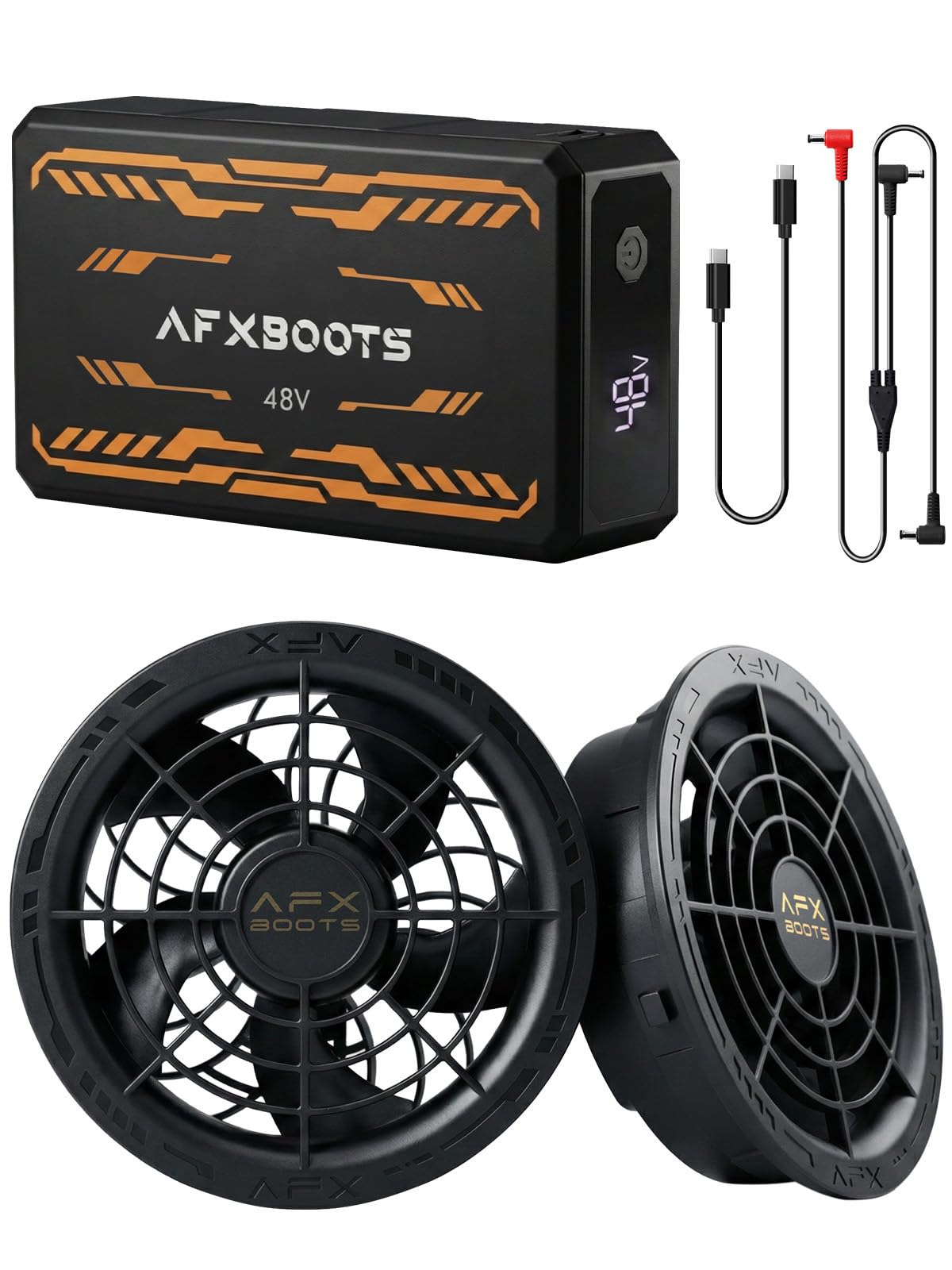・電圧:最大48V ・回転数:最大9390RPM ・最大風量:223L/S ・バッテリー容量:40000mAh ・連続稼働時間:最大16.5時間(17V使用時)、約10時間(21V使用時) ・充電方式:Type-C PD30W急速充電 ・充電時間:約5時間 ・風量調節:6段階(48V/36V/31V/26V/21V/17V) ・ファン取付内径:9cm