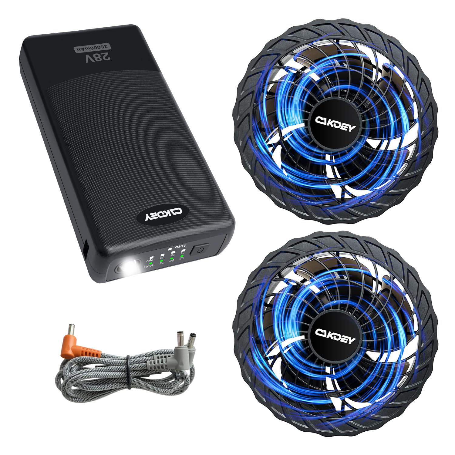 ・電圧:28V ・バッテリー容量:26000mAh ・最大風量:135l/s ・連続稼働時間(ファン):約9時間 ・ファン重量:90g ・ファン厚さ:39mm ・ファン素材:ABS樹脂 ・モーター仕様:日本製デュアルボールベアリングモーター ・羽根枚数:5枚 ・最大回転数:8100RPM ・風量切替:4段階(15V/18V/22V/28V) ・充電時間:5時間 ・最大連続稼働時間(バッテリー):13.5時間 ・搭載ポート:DC/USBポート ・LEDライト連続点灯時間:最大40時間 ・セット内容:28Vファン×2、28Vバッテリー×1、ファン接続ケーブル×1