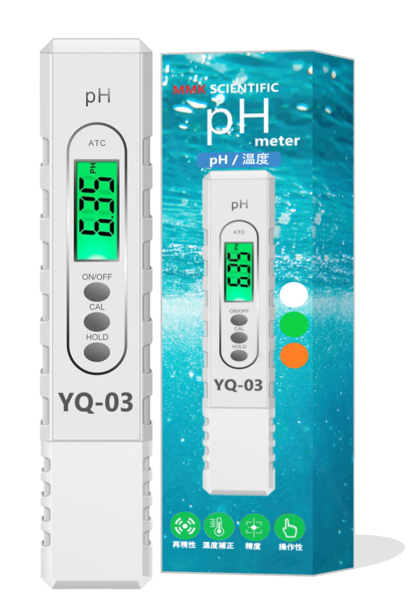 pHメーター 水質測定器 水温計 2in1 デジタル 測定器 バックライト 自動校正 校正液付き ホワイト 国内向け 自動温度補正機能付き ガラスパネル ABS樹脂 LCDディスプレイ 1年間保証