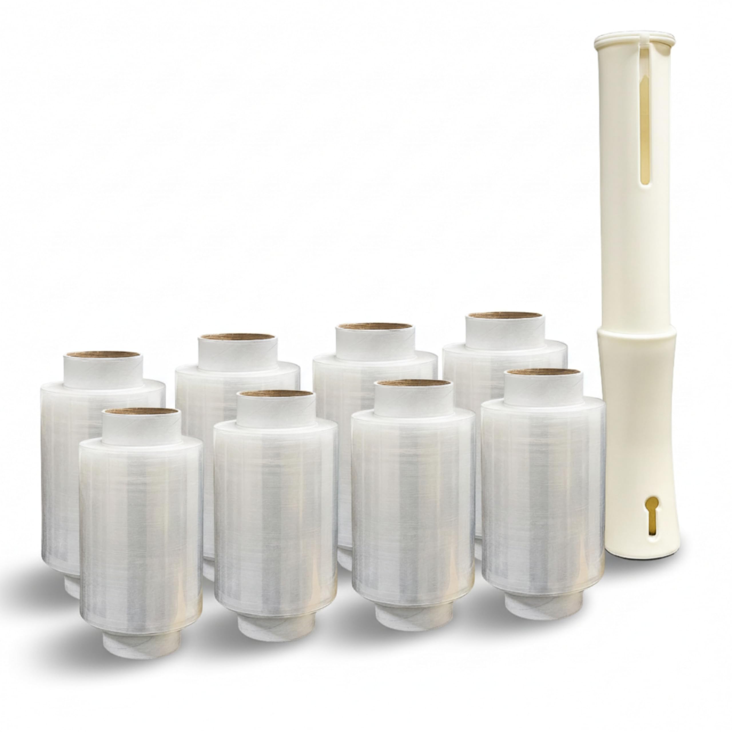 Rakuten - 梱包用ラップ ミニストレッチフィルム 8個セット 専用ホルダー付 10cm幅 150m巻 荷造り 引越し 梱包資材 結束 透明 左右両対応