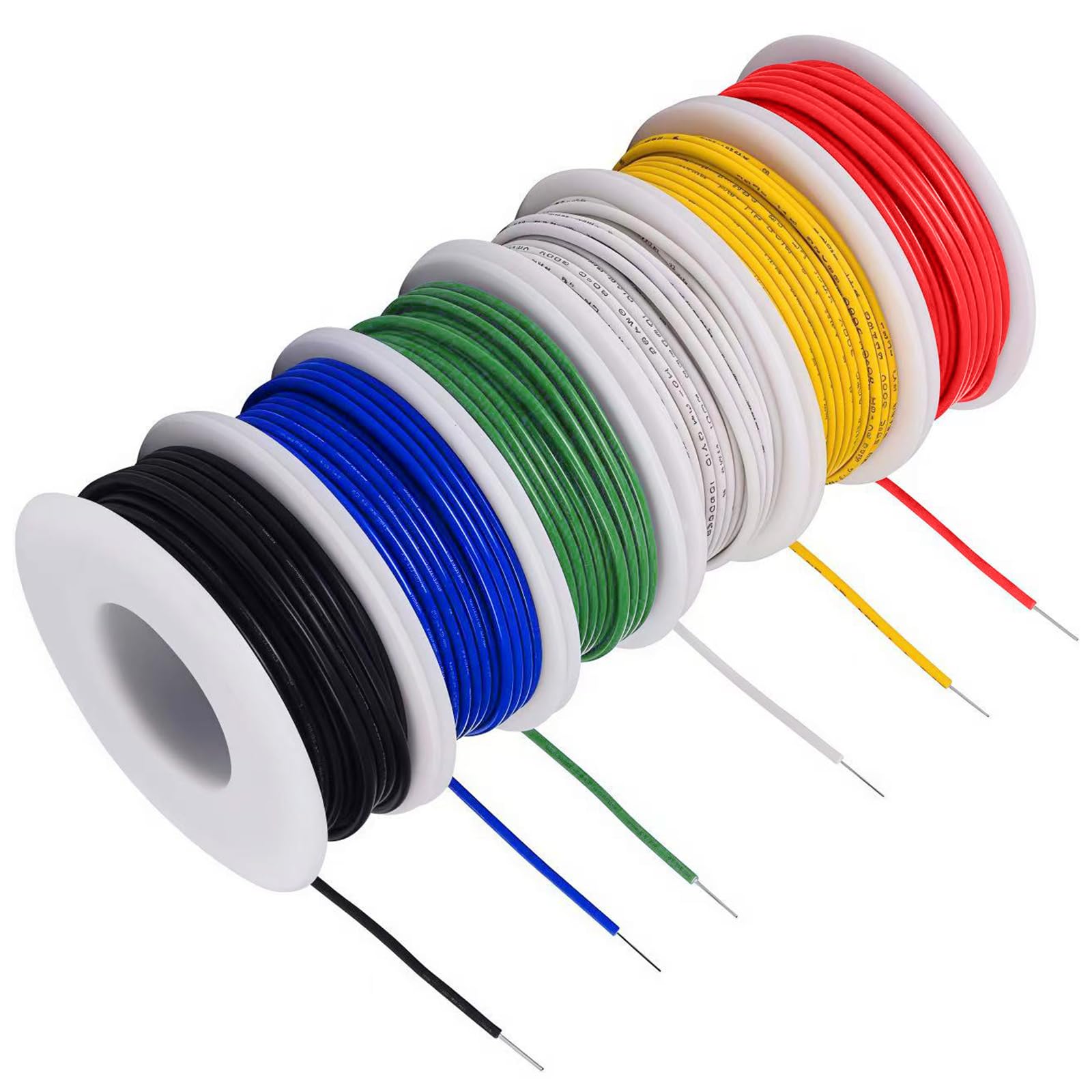 ・長さ:30m(各色5m×6色) ・線径:18AWG ・外径:2.1mm ・断面積:0.52mm ・被覆素材:PVC ・導体素材:錫メッキ銅線 ・構造:撚り線 ・カラー:6色(赤・黒・黄・青・緑・白) ・耐電圧:300V ・特性:難燃性、耐熱性、耐寒性