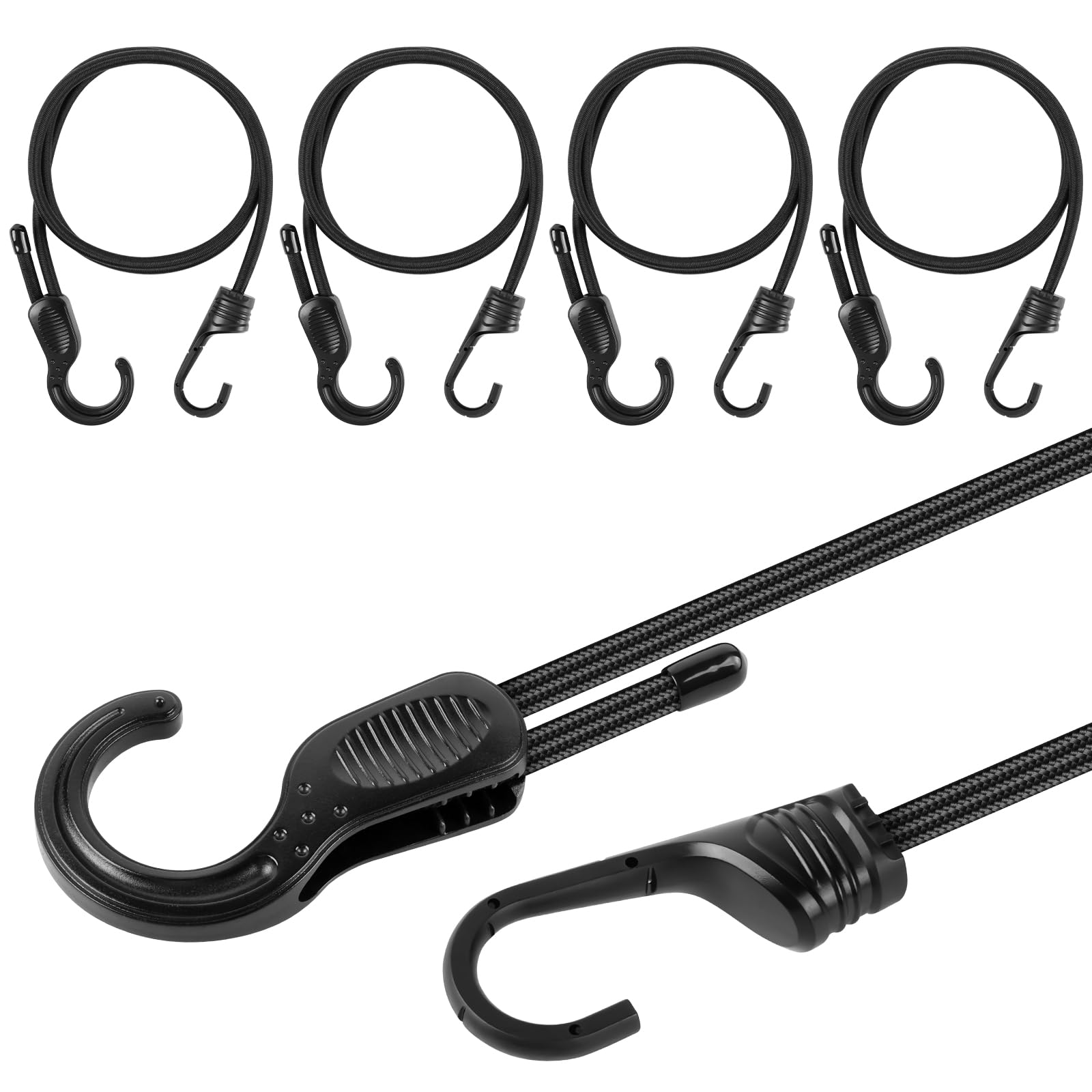Rakuten - バンジーコード 4本セット フック付き 伸縮性 20cm-120cm 長さ調節可能 直径8mm 荷物固定 荷崩れ防止 自転車 バイク 軽トラック キャンプ用品 荷締めベルト 弾性ロープ