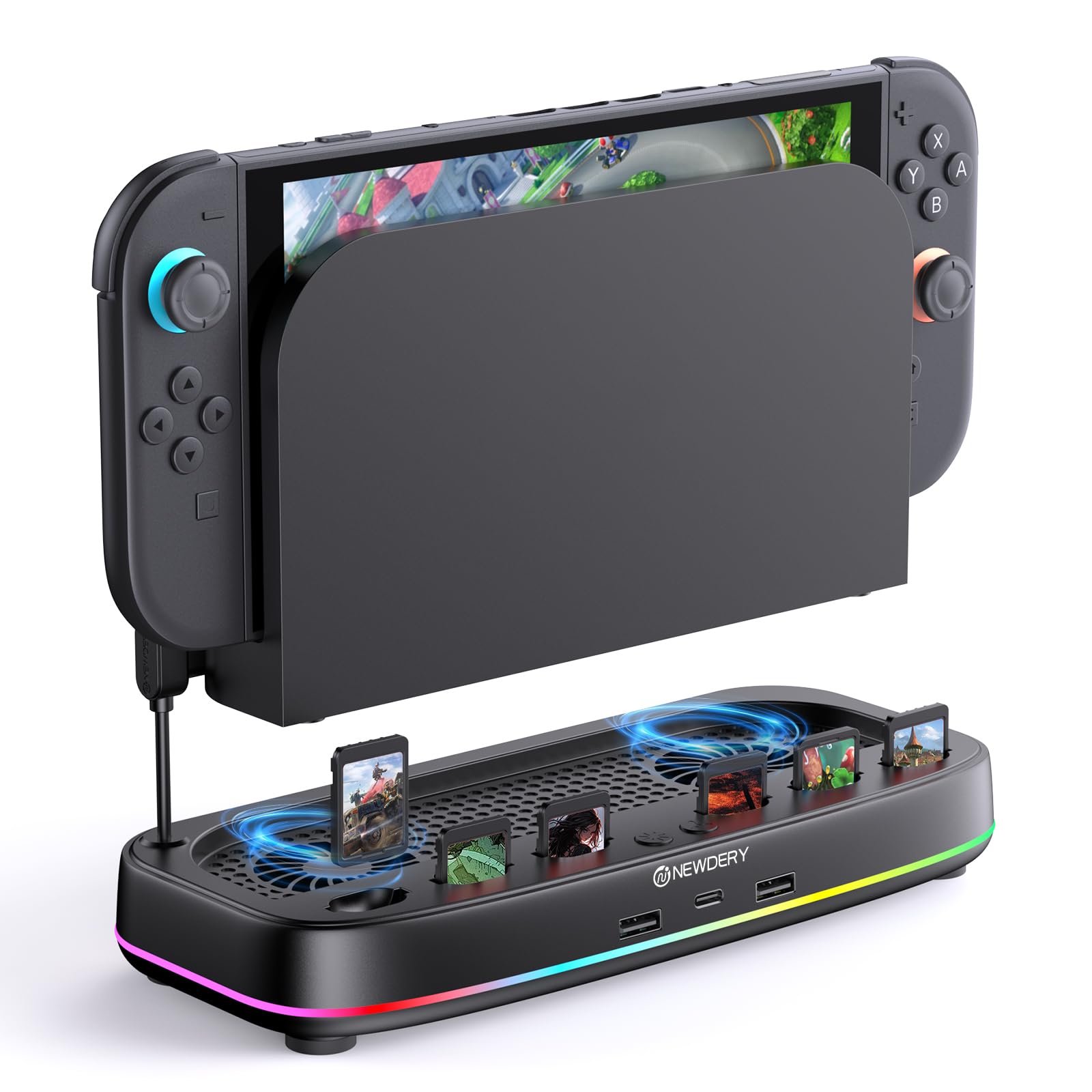 Rakuten - 冷却ファン 冷却クーラー 周辺機器 3段階風速調整 6つゲームカードスロット 3つのUSB拡張ポート 9色のRGBライト搭載 ブラック