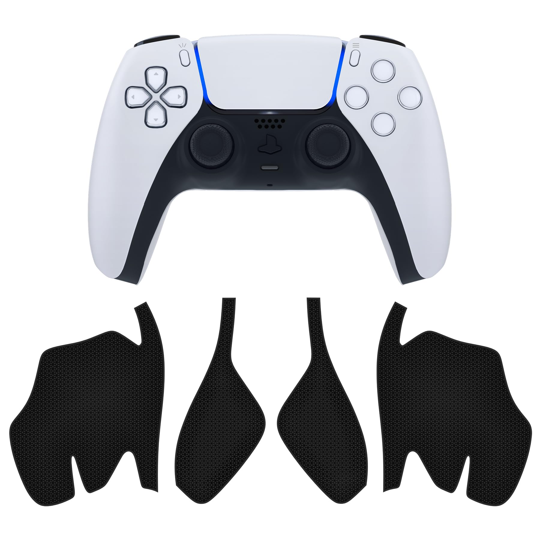 ・対応機種:ps5ワイヤレスコントローラー ・素材:ソフトPU素材 ・表面加工:六角形ダイヤモンドテクスチャ ・機能:滑り止め、吸汗、通気性、クッション性