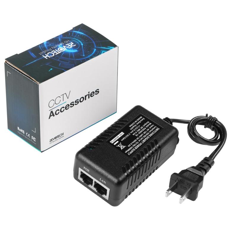 DELL - REVODATA 48V ギガビット パッシブ PoE インジェクター、PoE 48V/0.5A 出力、US ケーブル付き、10/100/1000Mbps、最大距離 100m、プラグアンドプレイ PoE アダプター (POE4805-G)