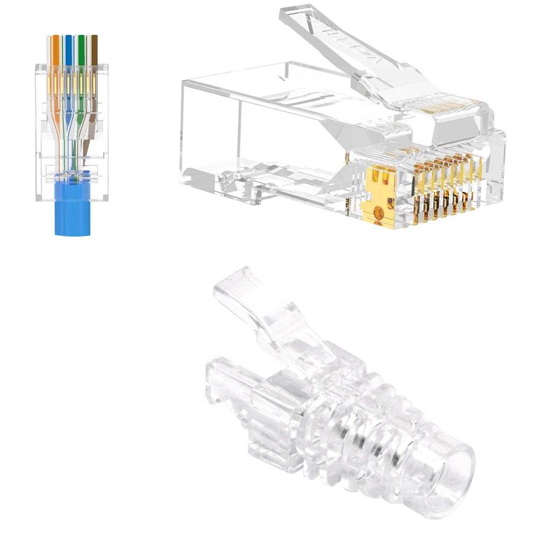 VCE 貫通式 RJ45コネクタ+保護カバー CAT6、CAT5E、CAT5 LANケーブル用 配線簡単 爪折れ防止 23-26AWG 50個セット