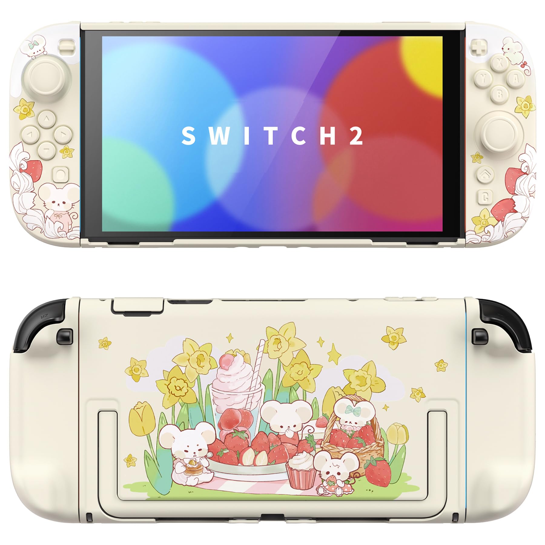 ・対応機種:Nintendo Switch 2 ・素材:PC(本体)、シリコン(ボタンパッド) ・構造:3ピース分割構造 ・セット内容:グリップケース(左右各1組)、シリコン製ボタンパッド(1組)、サムグリップキャップ(2個)、本体背面カバー(1枚)、キックスタンド用ステッカー(1枚)、背面カバー固定用クリア粘着シール(4枚)、背面カバー用粘着シール取り付け説明書(1枚)