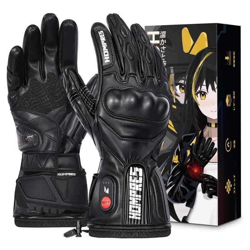 Hompres 全体PU革電熱グローブ 11.1V両面全体発熱 手のひらと同面の指先発熱 残量表示 バイク用 4段階温度 防寒防水ヒーター手袋 シガーソケット給...