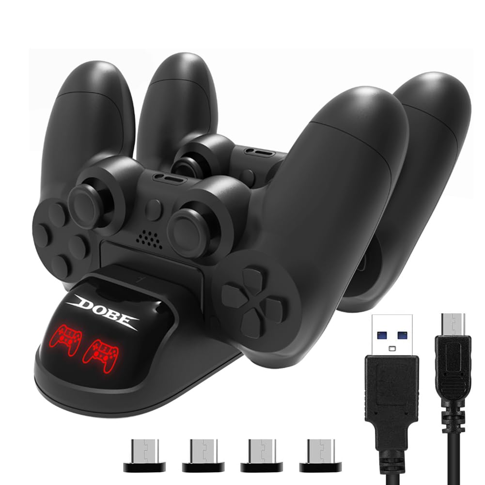 ゲームコントローラー 充電スタンド 充電器 2台同時充電 LEDランプ付き 接触式 ブラック USB充電ケーブル マイクロUSBドングル付属