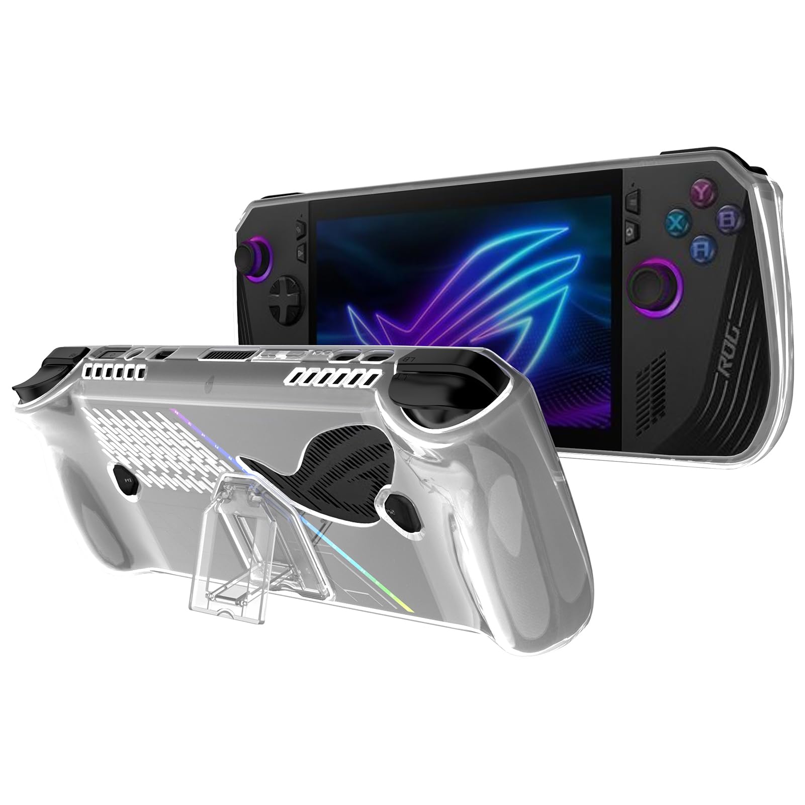 ・対応機種:ASUS Rog Ally X ・素材:TPU(ケース)、PC(スタンド) ・機能:衝撃吸収、指紋防止、黄変防止、横置きスタンド機能 ・仕様:スタンド付き、薄型設計