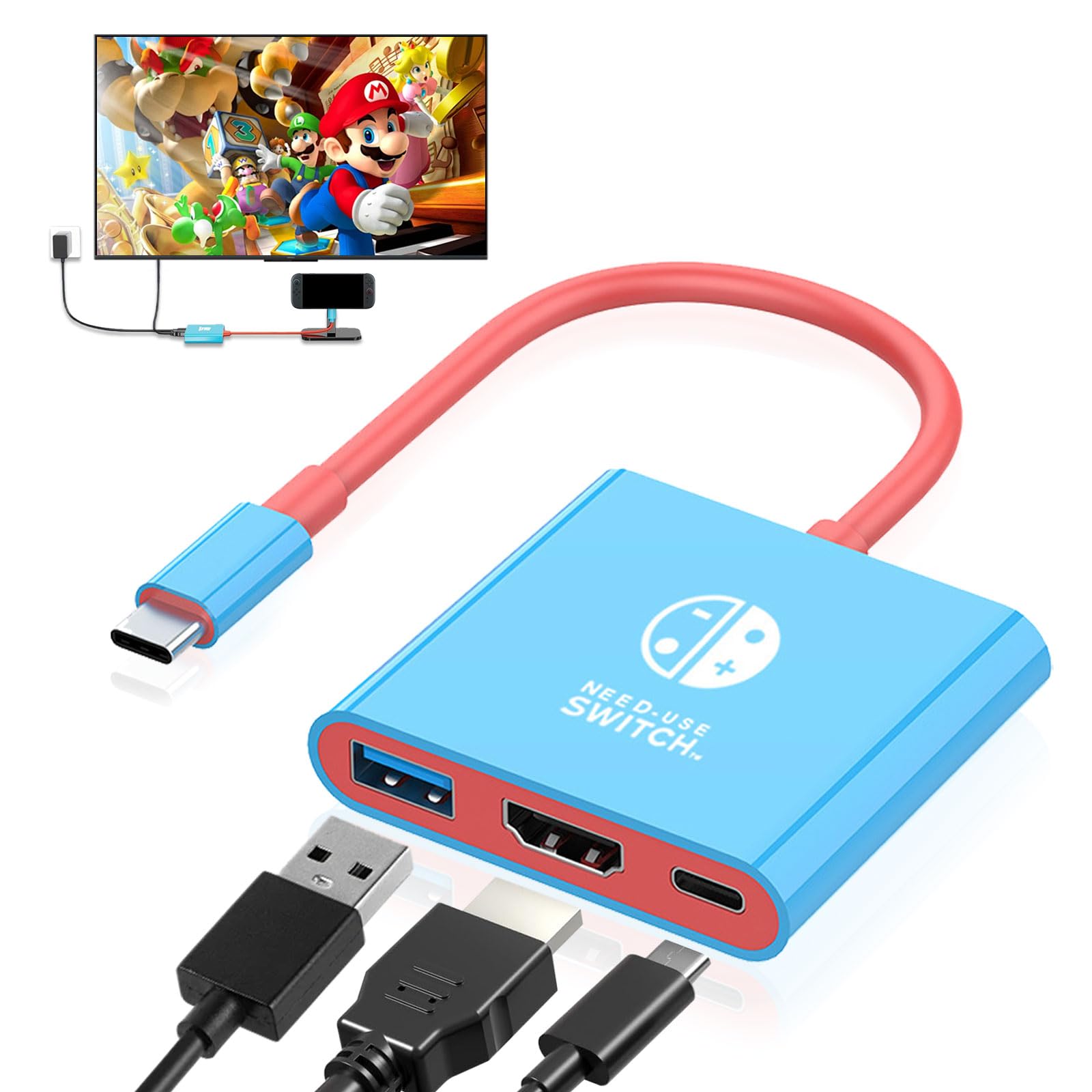 テレビ接続用ドック 3in1 HDMI変換アダプター 4K60Hz USB3.0 PD100W充電 映像音声出力 ゲーム機 PC スマホ タブレット対応 Type-C 高速転送 持ち運び便利 ブルー レッド