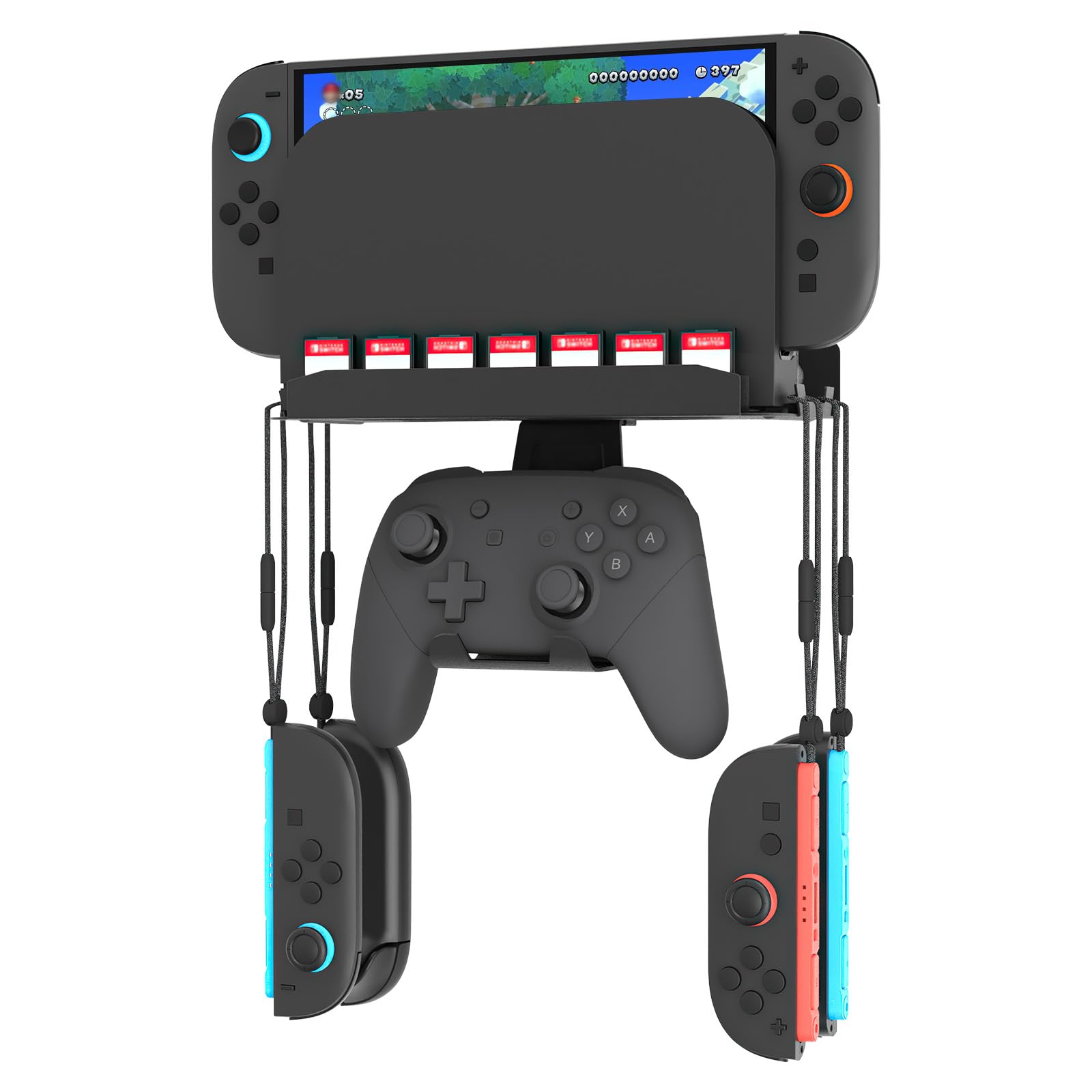 ・素材:金属製、EVAフォーム ・収納容量:ゲームカード7枚、コントローラー4台、本体、ストラップ、Joy-Con2 ・カラー:ブラック ・機能:壁掛け対応、耐震設計、ホローデザイン(放熱構造) ・対応機種:Switch 2、Switch、Switch OLED