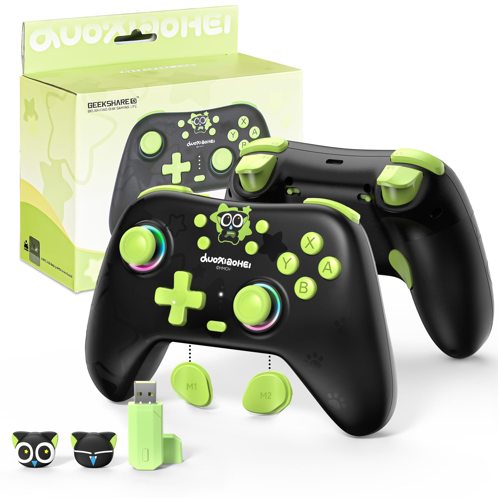 ゲームコントローラー ホールエフェクトジョイスティック 6軸ジャイロ 振動 連射機能 有線 無線 2.4G Bluetooth PC Switch iOS Android Linux 対応 ブラック グリーン