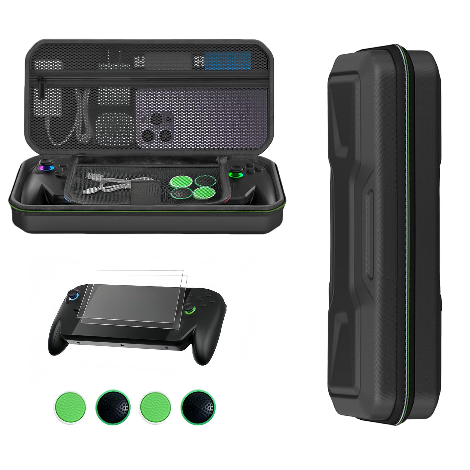 Rakuten - ゲーム機用 収納ケース 保護ポーチ 3in1セット ハードシェルカバー 親指キャップ 強化ガラスフィルム付き EVA素材 軽量 防塵 防水 持ち運び便利 アクセサリー収納