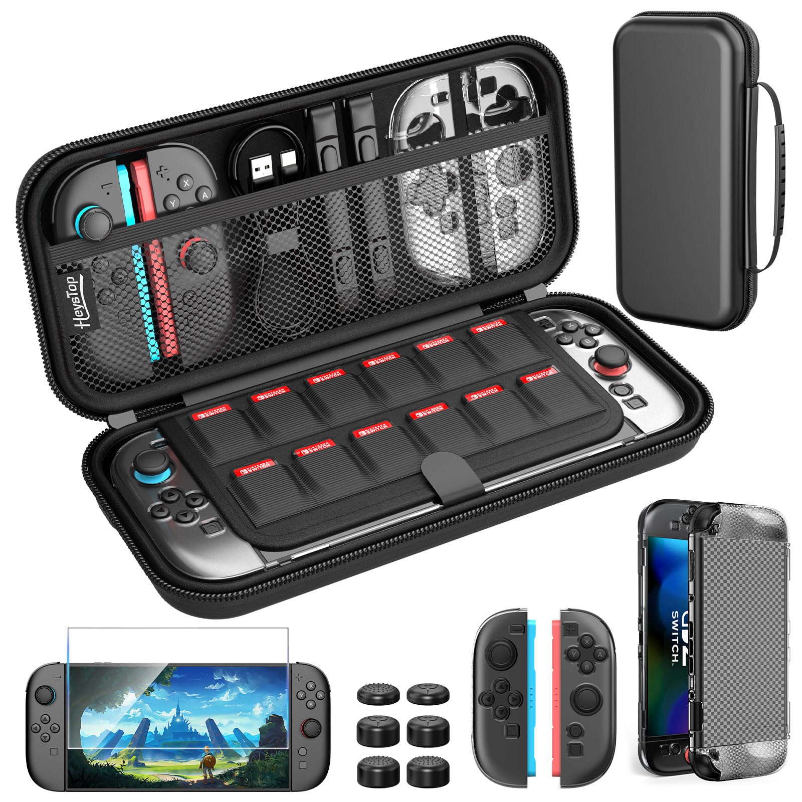 Rakuten - ゲーム機用収納ケース 保護カバー ガラスフィルム キャップ付き 4点セット 大容量 キャリングケース 耐衝撃 PC素材 格子柄 ドック対応 持ち運び用 ゲームカード収納 周辺小物整理