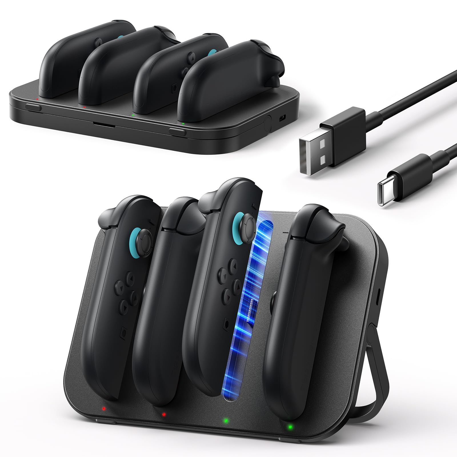 ゲーム機用充電スタンド 4台同時充電ドック マグネット式 折りたたみ式 LEDライト付き USBケーブル付属