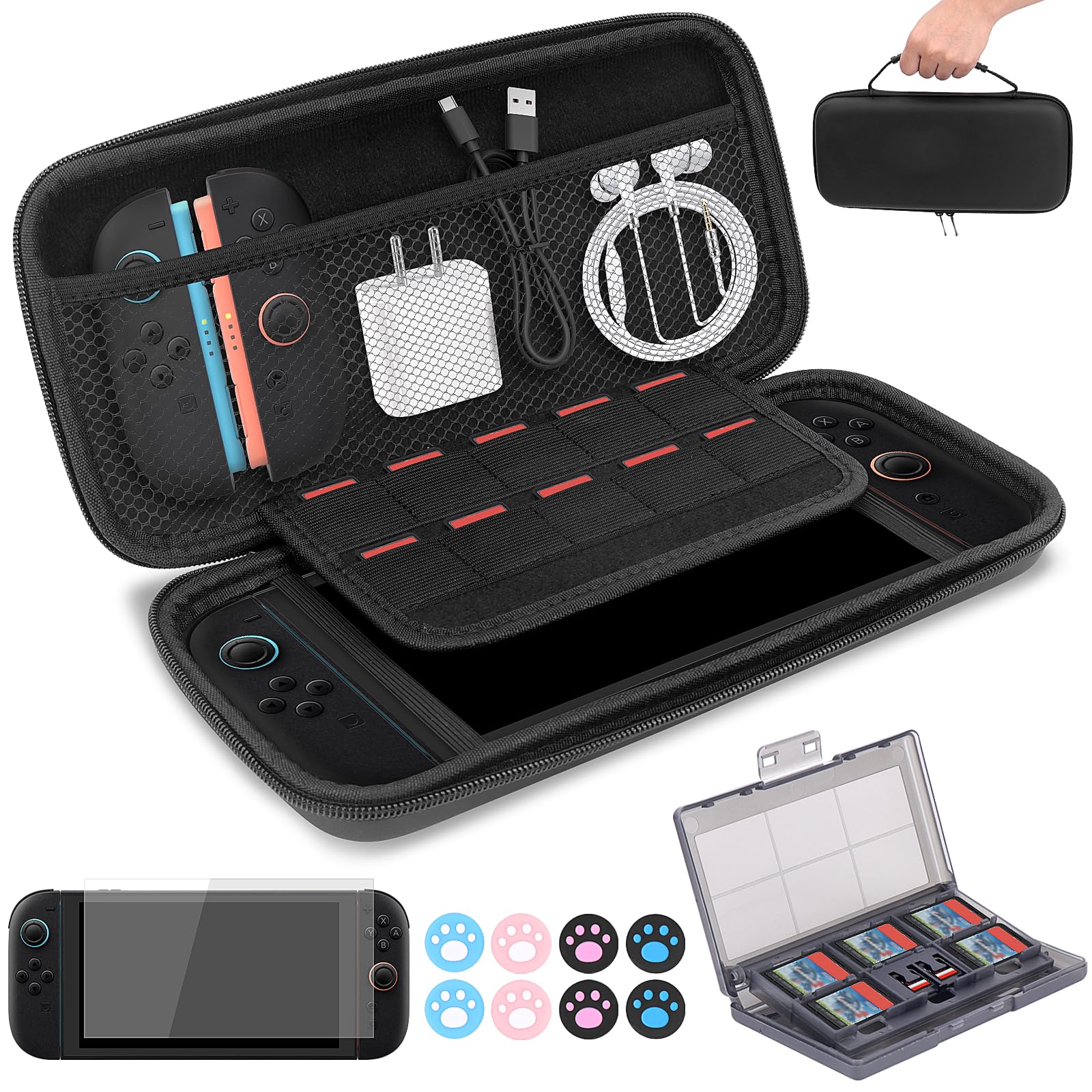 Rakuten - ゲーム機用 収納ケース 保護フィルム アナログスティックカバー ゲームカードケース セット 耐衝撃 防水 防塵 持ち運び用 キャリングケース ブラック