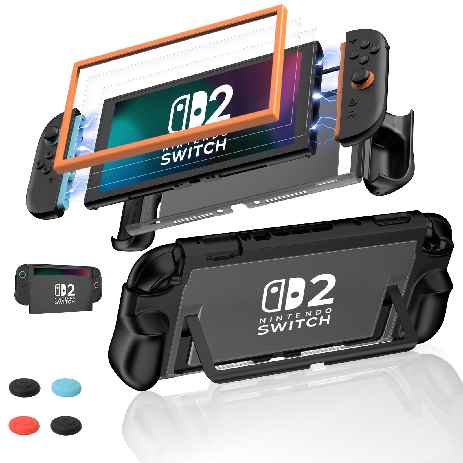 ゲーム機用保護カバー ケース 一体型 フィルム 親指キャップ付き ソフト 耐衝撃 傷防止 全面保護 滑り止め ドッキング対応 グリップデザイン 強化ガラスフィルム 複合構造 軽量