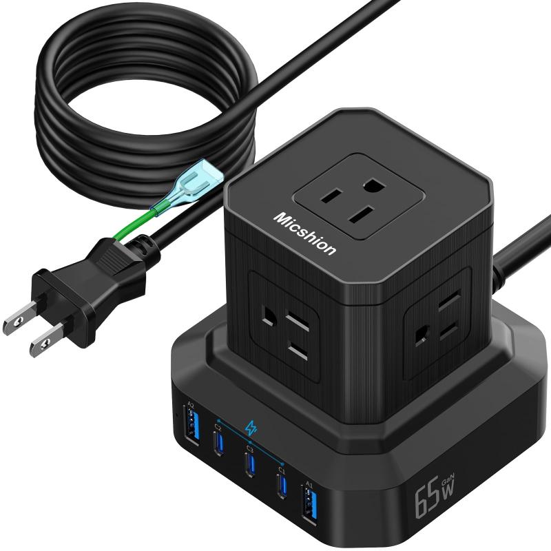 Micshion キューブ型電源タップ Type-C付 延長コード 2m 雷ガード 5個AC口（2400W) 3個USBポート 1個Type-C コンセントusb付き 電源タップ usb付き タコ足配線 テーブルタップ OAタップ マルチタップ 安