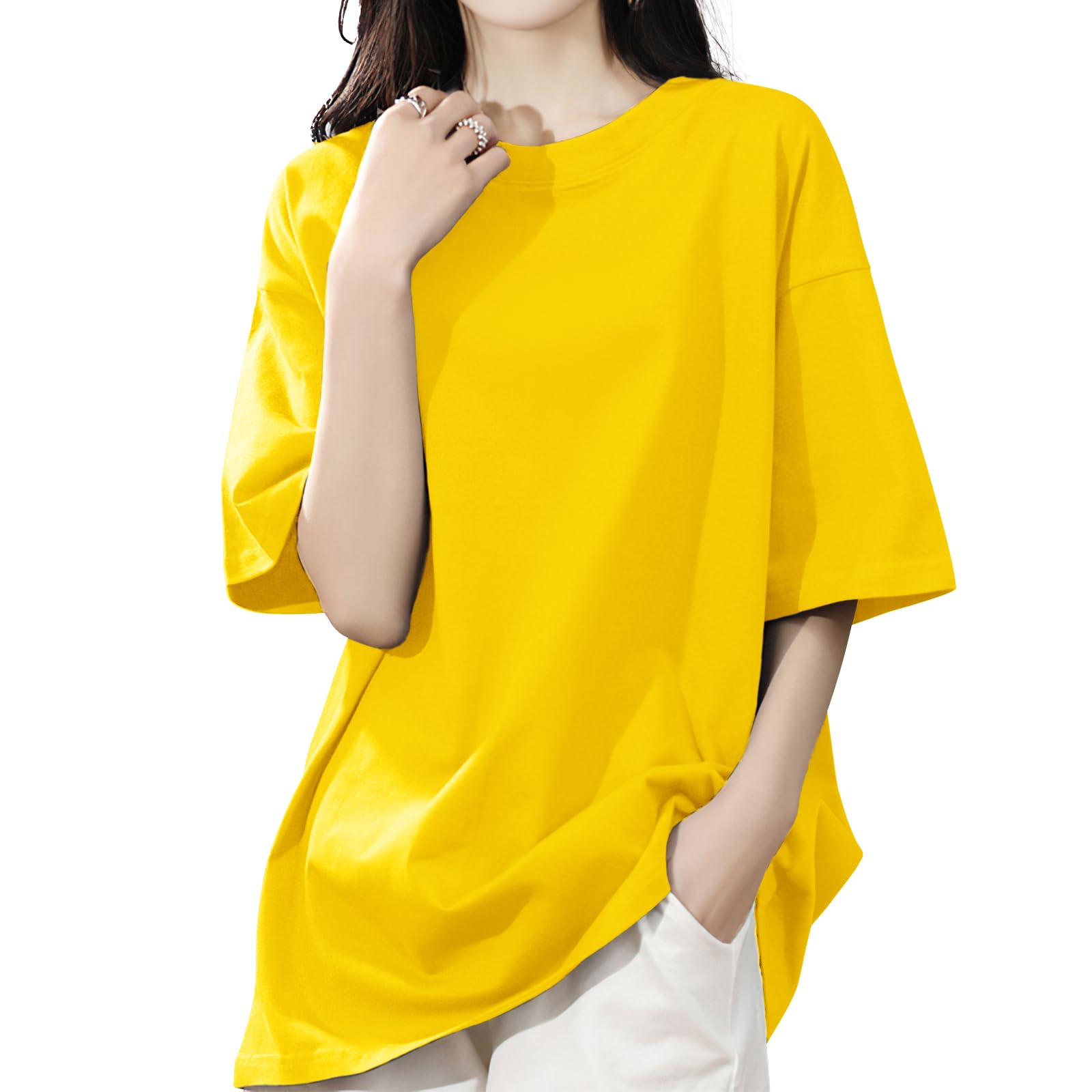 Rakuten - Tシャツ レディース 半袖 クルーネック ゆったり オーバーサイズ ロング 5分袖 大きいサイズ 吸汗速乾 通気性 体型カバー 着痩せ 春 夏 カットソー トップス