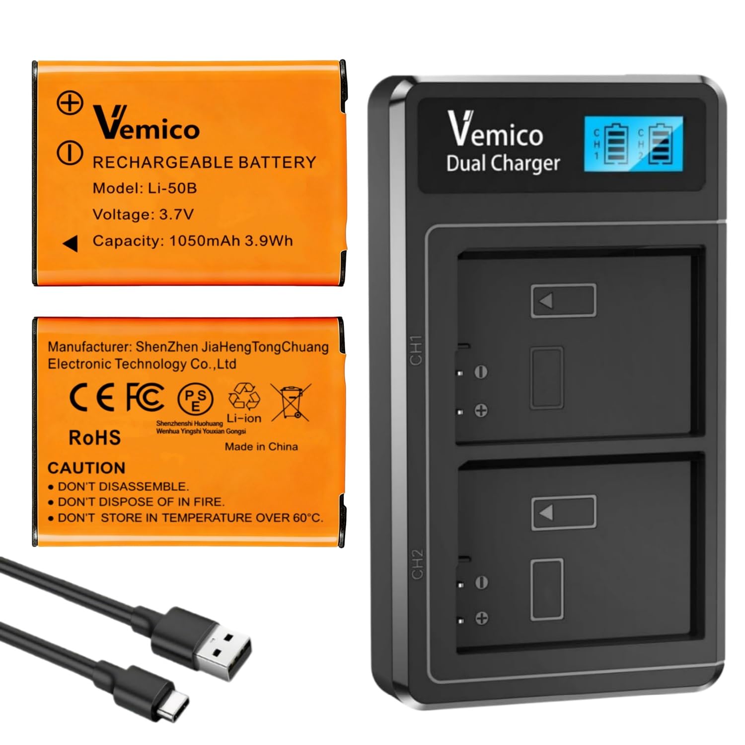 カメラ用バッテリー 充電器 2個 急速デュアルバッテリー充電器 Type-cケーブルセット 容量1050mAh 電圧3.6V 過電流保護 過充電保護 短絡保護 過熱保護 PSE規格適合 LCD付き充電器