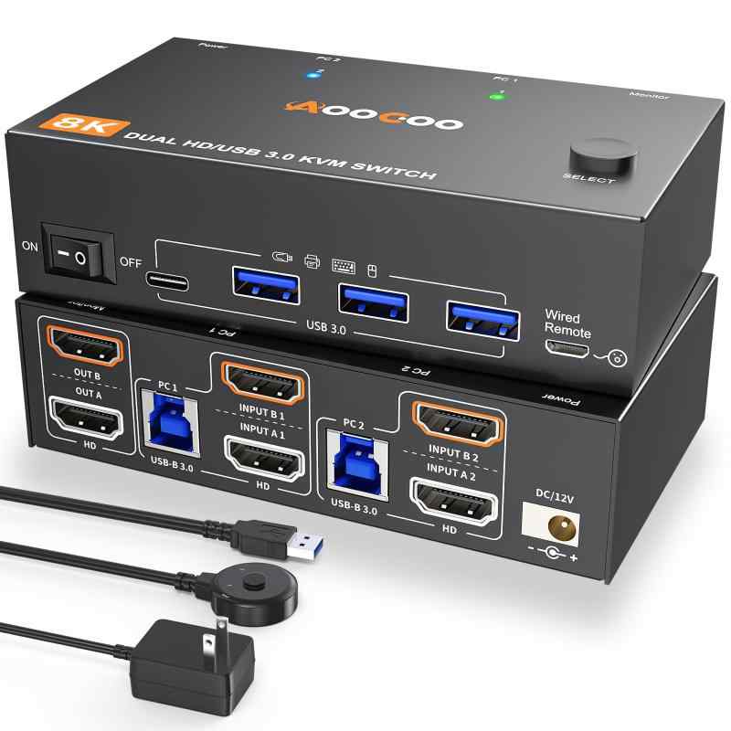 KVM スイッチ HDMI PC 4K/8K、キーボード、マウス、プリンター、コントローラー用の 4 つの USB 3.0 ポート、USB3.0 ケーブル、HDMI ケーブル付属