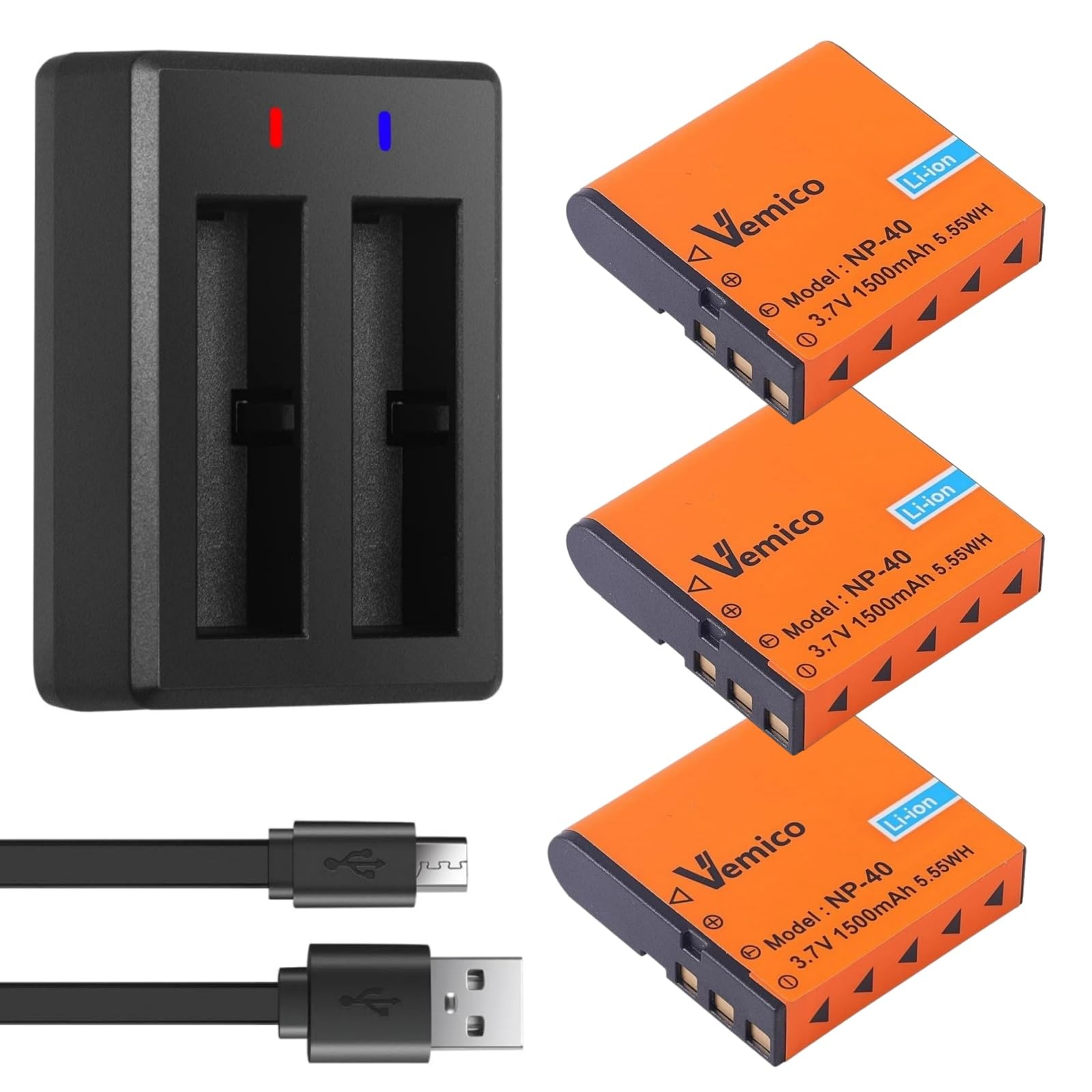 バッテリー充電器セット 互換バッテリー3個 USBチャージャー 1500mAh NP-40対応機種 EXILIM Z5 Z30 Z40 Z50 Z55 EXP600 P700 Z750 Z57 P750 BenQ E520