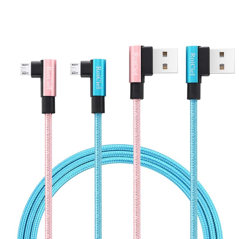 【2本セット】RoiCiel USBケーブル L字型 2.4A急速充電 高耐久ナイロン編み 1.2m/2m スマホ・タブレット・ゲーム機対応 (ブルー＆ピンク)