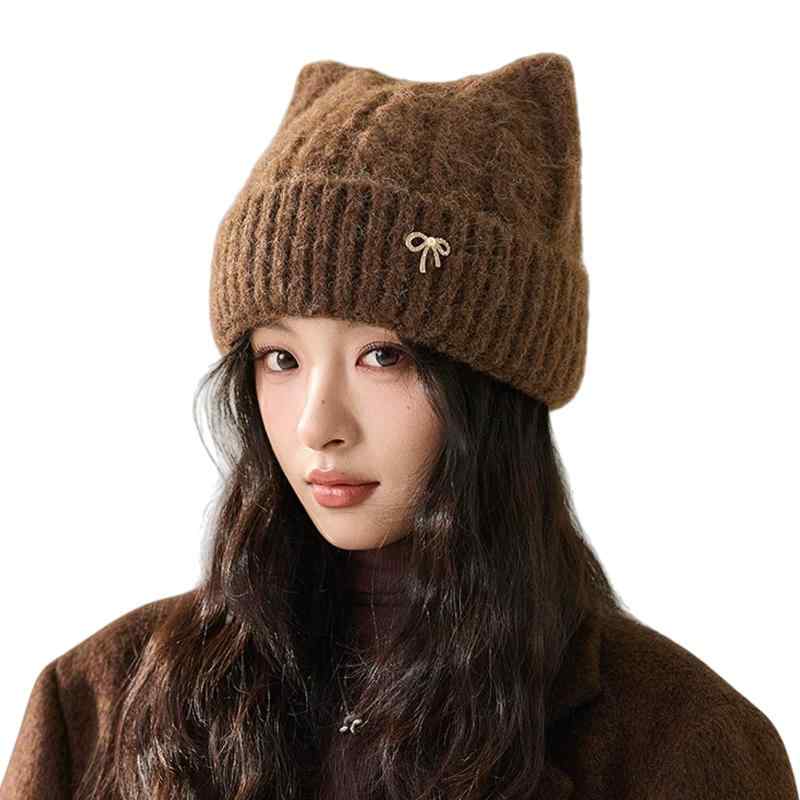[Karsaer] ニット帽 レディース 秋冬 猫耳 帽子 防寒 暖かい 肌に優しい 厚手 ふわふわ ニット帽子 可愛い 小顔効果 伸縮性 柔らかい ビーニー帽 通勤 通学 G0226