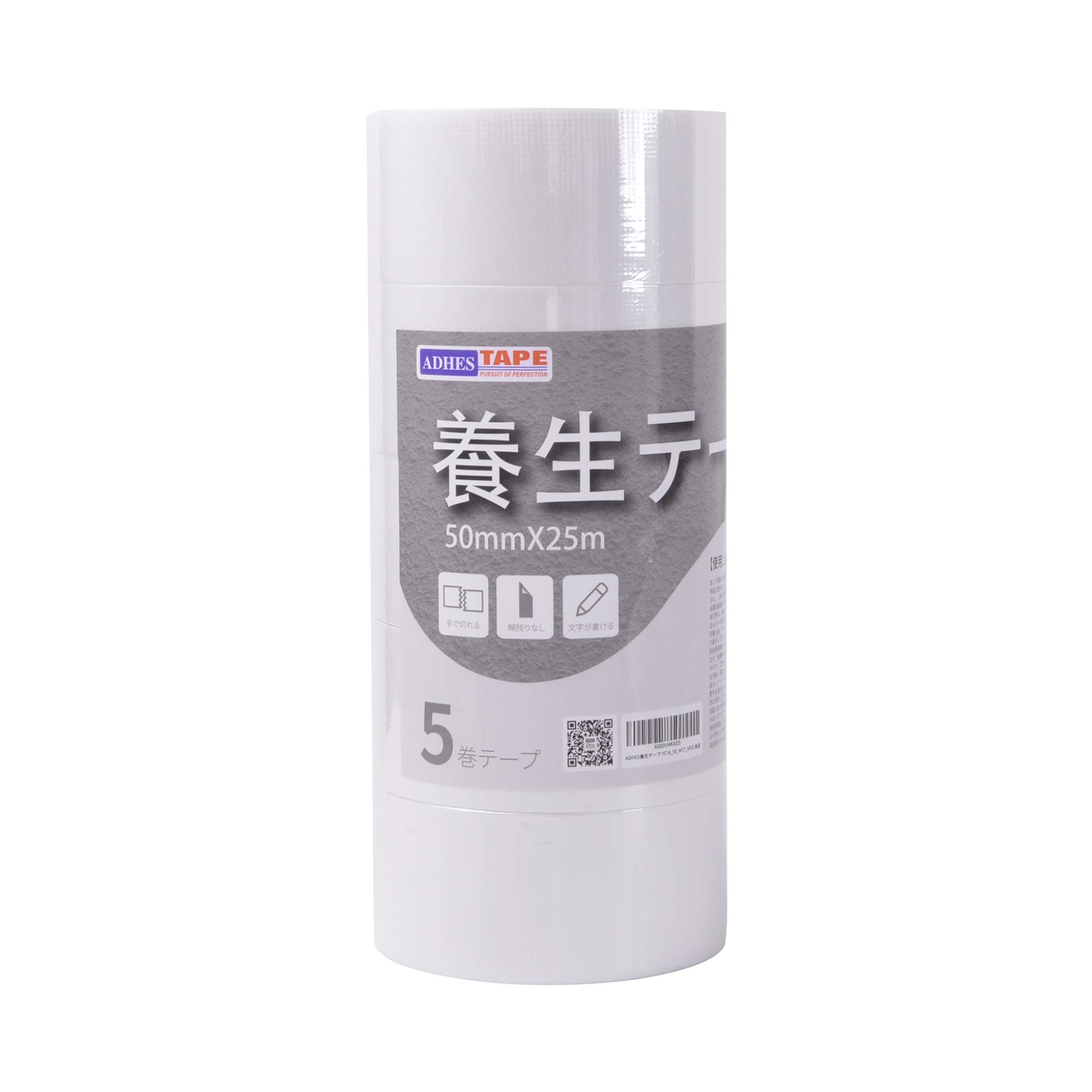 ・幅:50mm ・長さ:25m ・入数:5巻 ・基材:ポリエチレンクロス ・粘着剤:アクリル油 ・テープの厚さ:0.16mm ・粘着力:2.2N/cm ・引っ張り強さ:30N/cm ・伸び率:10% ・機能:油性ペンで文字が書ける、手できれいに切れる、糊残りがしにくい、透明感あり