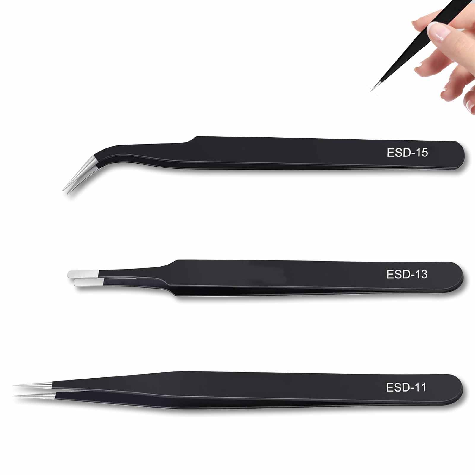 ・セット内容:ESD-11(精密ピンセット)、ESD-13(カーブピンセット)、ESD-15(ストレートピンセット)の3本セット ・素材:ステンレス製 ・表面加工:静電気防止ESDコーティング ・先端サイズ:0.5mm(極細精密尖端) ・特性:耐酸性、耐腐食性、防磁、防錆、滑り止め加工