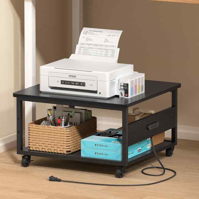 【W60*D60*H35cm】プリンター台 2段 コンセント付き MIYOKI プリンターワゴン 幅60cm 大型 A3 ラック 収納 スタンド 総耐荷重70kg サイドテーブル ロータイプ キャスターとアジャスター付き オフィス【2026年超高耐荷重A3対応プリンター台新登場】組み立てサイズ：約60*60*35cm 重量：9.5kg 材質：スチール（紛体塗装）色：ブラック／ホワイト 耐荷重：全荷重約70kg 大型プリンターやファックスなどの事務用品の収納に最適