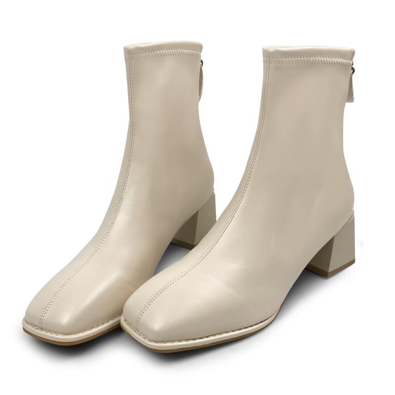 [Minax] ブーツ ショート レディース 太ヒール 歩きやすい 撥水 女性 秋 冬用 軽量 美脚 スクエアトゥ ステッチデザイン ストレッチ 柔らかい バックジップ 黒 白 茶 ブラウン 22.5cm-25.0cm