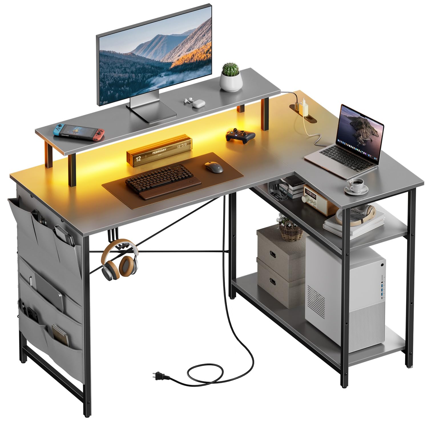 ・形状:L字型 ・幅:150cm ・付属品:LEDライト、コンセント、引き出し、収納棚、収納袋、ディスプレイスタンド