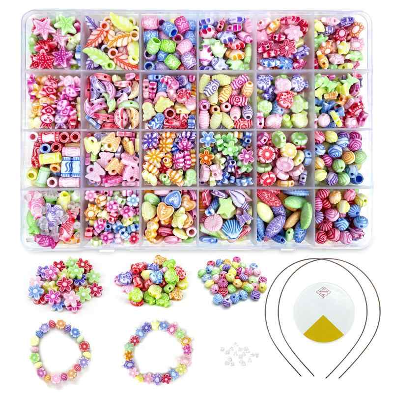ビーズ おもちゃ DIY アクセサリー おもちゃ 女の子 ブレスレット 手芸 手作りキット ネックレス 紐通しおもちゃ カラフル カチューシャ 約500個 24種類 収納ケース付き ギフト 記念日 クリス