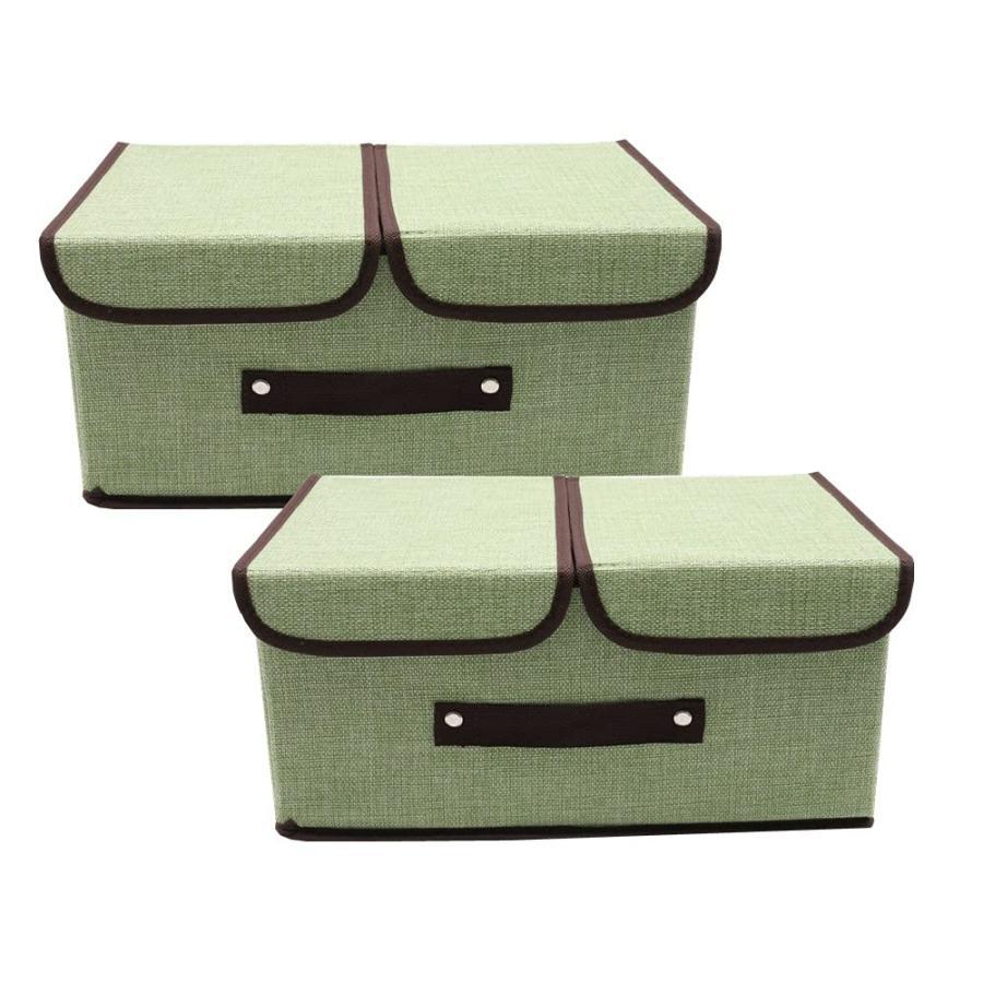ふた・仕切り付き マルチ収納ケース 折りたたみ可能 リネン 小物 おもちゃ 整理 衣類収納ボックス (グリーン 37.5L(2個))