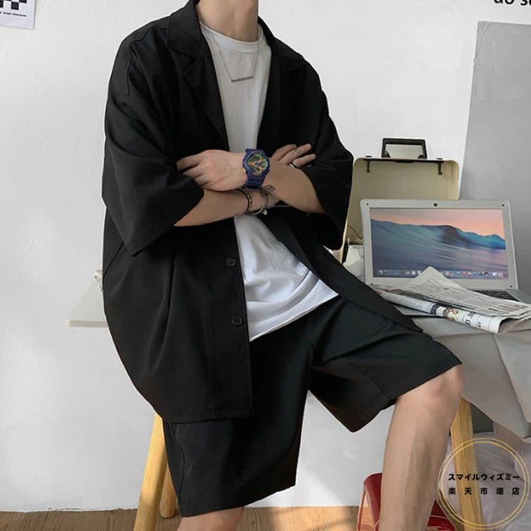 五分袖シャツ セットアップ メンズ 5分袖 サマースーツ カジュアルスーツ DK制服 夏 薄手 五分袖 シャツ ジャケット ハーフパンツ 上下セット 半袖シャツ ショートパンツ 短パン 2点セット リラックス カジュアル おしゃれ 無地 夏服 送料無料 おしゃれ ブラック グレー