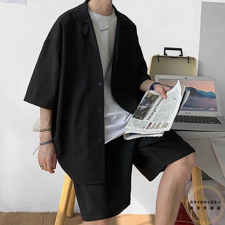 五分袖シャツ セットアップ メンズ 5分袖 サマースーツ カジュアルスーツ DK制服 夏 薄手 五分袖 シャツ ジャケット ハーフパンツ 上下セット 半袖シャツ ショートパンツ 短パン 2点セット リラックス カジュアル おしゃれ 無地 夏服 送料無料 おしゃれ ブラック グレー