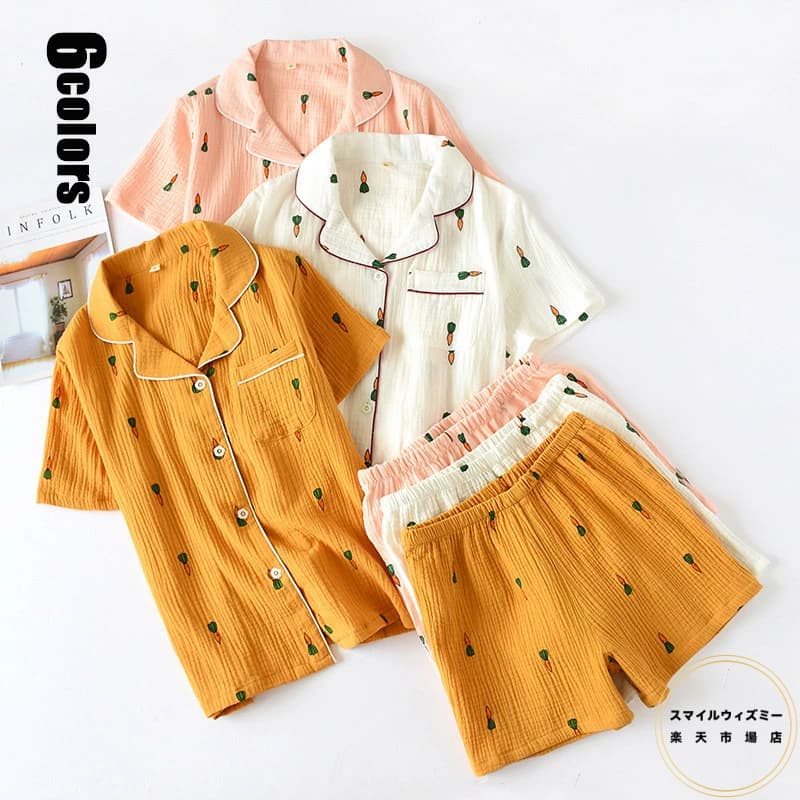 パジャマ カップルペアルック レディース メンズ 夏 セットアップ 前開き パジャマ 大根 プリント コッ..