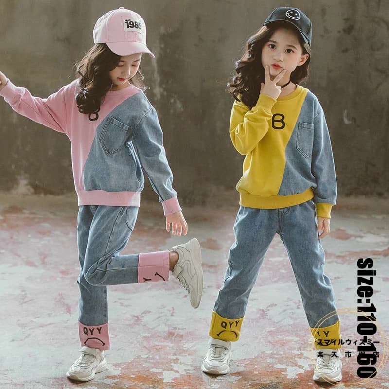 韓国子供服 セットアップ 女の子 パーカー デニムズボン カジュアル ナチュラル ロングパンツ ジーンズ..