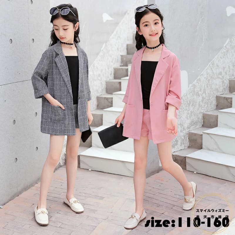 韓国子供服 スーツ 3点セット 春夏 綿麻混 コート 半ズボン キャミソール スーツジャケット チェック柄 薄手 五分袖 フォーマル セットアップ ゆったり 女...