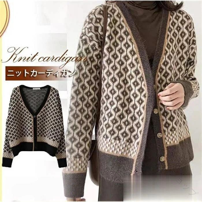 ニットカーディガン レディース トップス トライバル柄 Vネック カーディガン カットソー ゆったり 羽織り 秋冬アウター 母の日プレゼント ギフト 新生活に最...
