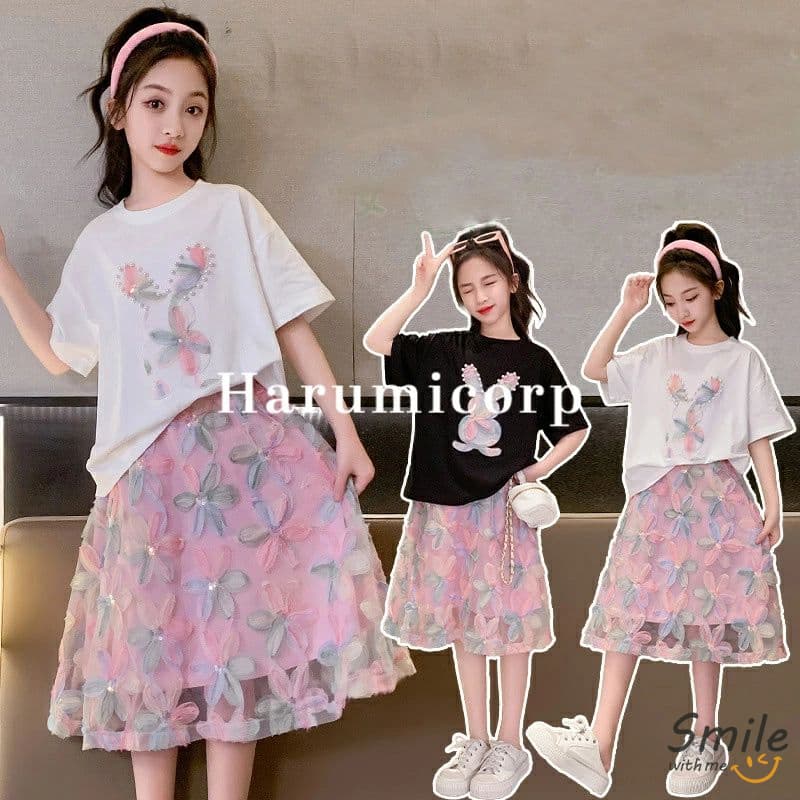 子供服 女の子 夏服 セットアップ キッズ ブラウス シャツ tシャツ 半袖 ロングスカート うさぎ柄に刺繍花 韓国子供服 スカートセット トップス ボトムス こども服 ジュニア ベビー服 中学生 おしゃれ 可愛い 薄手 涼しい 新品 160cm 150cm 140cm 130cm 120cm 110cm